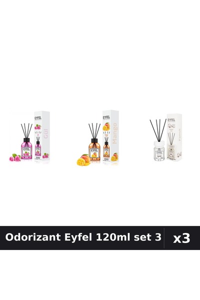 Eyfel Set 3 Odorizant Camera Betisoare 120ml - Trandafir, Mango, Bumbac