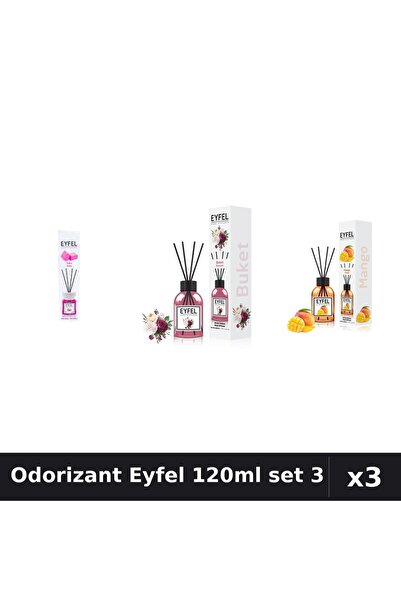 Eyfel Set 3 Odorizant Cameră Betișoare 120ml - Bubble Gum, Bouquet, Mango