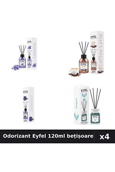 Eyfel Set 4 Odorizant Cameră Bețișoare 120ml - Lavandă, Cafea, Zambile, Angel