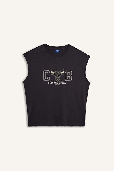DeFacto Nba Chicago Bulls Licensed Oversized Anthracite Athlete's T-Shirt H38...