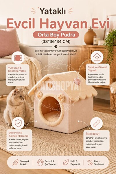 PATİSHOPYA Peluş Yataklı Evcil Hayvan Evi Katlanabilir Orta Boy Pudra 38x36x3...