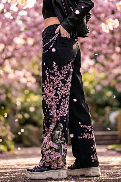 Köstebek Black Sakura Knight Embroidered Y2K Baggy Pants