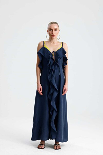 GACA COLLECTION Saliva Long Indigo Dress with Front Flounce and Laces