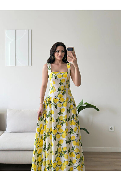Zoom Butik Limon Desen Dokuma Maxi Elbise - SARI
