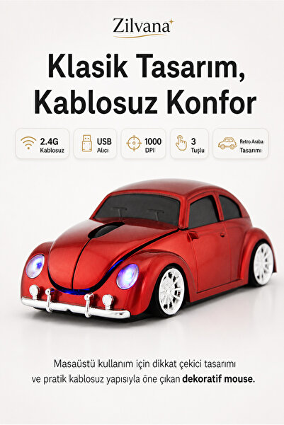 Zilvana Klasik Kırmızı Beetle Vosvos Tasarımlı 2.4G Kablosuz Mouse USB Alıcıl...