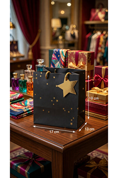 BİLGİ K K Luxury Cardboard Bag with Drawstring, Gray Color, Star Pattern, Gif...