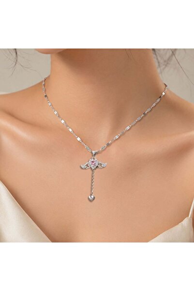 Bk Gift Women's Necklace with Winged Figure and Dangling Heart Detail - Non-T...