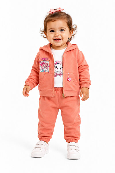 Chicsy Baby Kız Bebek 3'lü Kadife Takım Kapüşonlu Fermuarlı Hırka Body Pantol...