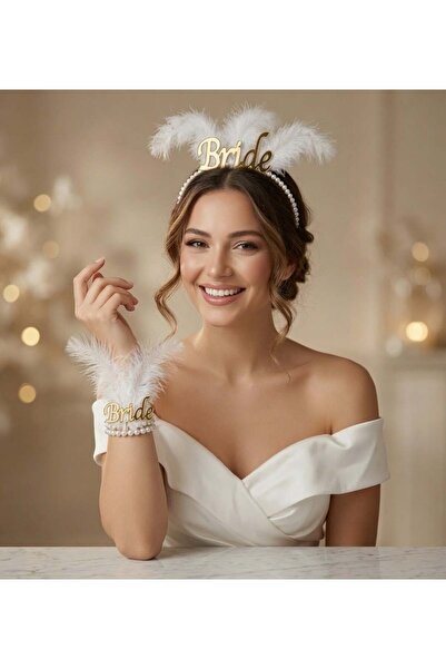 DODOMAR Bride İncili Tüylü Gold Taç ve Bileklik Seti Bekarlığa Veda Kına Gece...