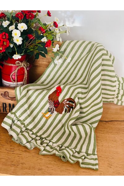 HOME OF BLOSSOM Green Striped Linen Embroidered Kitchen Towel