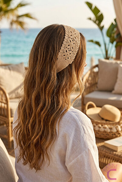 Cinderella Minimal Bohemian Beige Floral Motif Half-Style Knitted Hair Bandan...