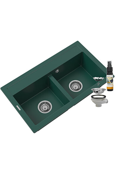Granitan Chiuveta Granit Duet Verde, 2 cuve, cu sifon manual auriu si impregnant