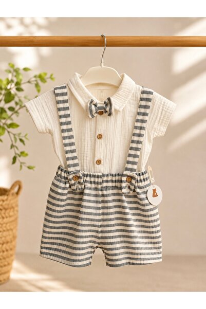Miray baby kids Çizgili Papyonlu Erkek Bebek Şort Takımı 🤍🩶👶🏻
