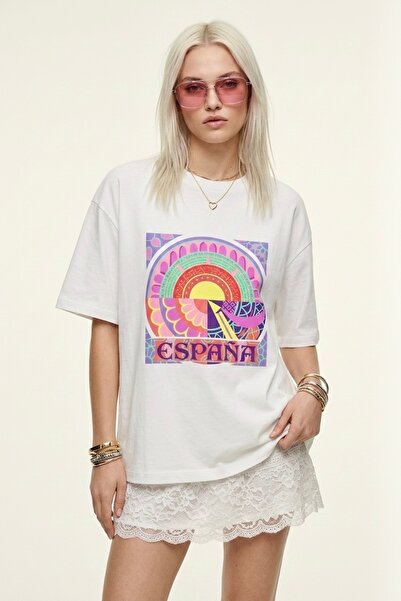 HOXİE Women's White Retro "España" Printed Crew Neck Oversize T-Shirt