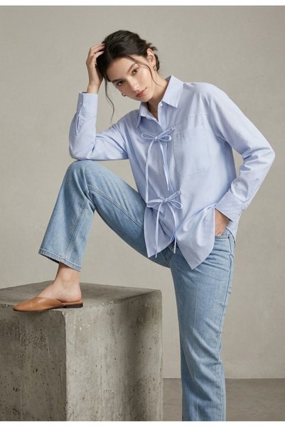 EsSo butik Women's Light Blue White Striped Oversized Shirt with Bow Detail