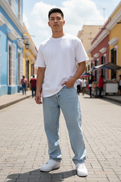 oraystore Men's Baggy Loose Fit Denim Trousers Jeans Ice Blue