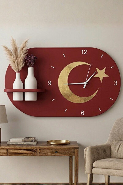 Nera Tasarım Modern Tasarım Raflı Ay Yıldız Bayrak Temalı Nera Duvar Saati 60x35