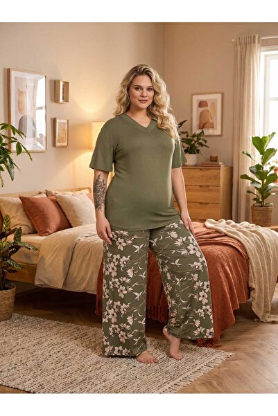 Lohussa Costum de pijama pentru femei, kaki, cu design special, cu mânecă scu...