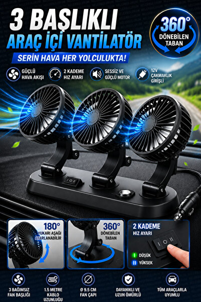 nelerbulurum Üç Başlıklı Araç İçi Vantilatör 12V Çakmaklık Girişli 2 Kademeli...
