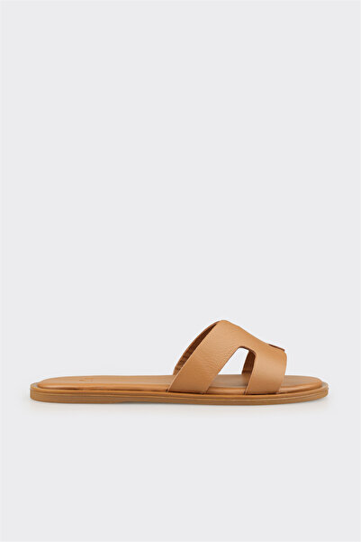 Elle Shoes Taba Deri Kadın Düz Terlik