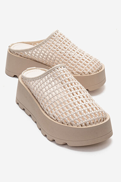 Ataköy Ayakkabı Kadın Kalın Taban Örgü Terlik Bej