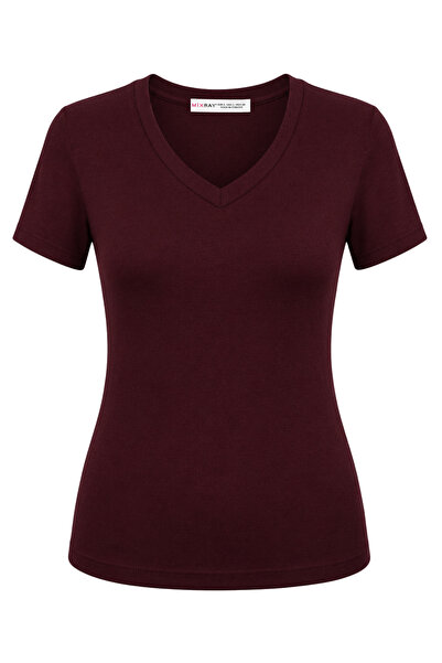 Mixray 2122 Women's V-Neck Basic Short Sleeve T-Shirt Claret Red