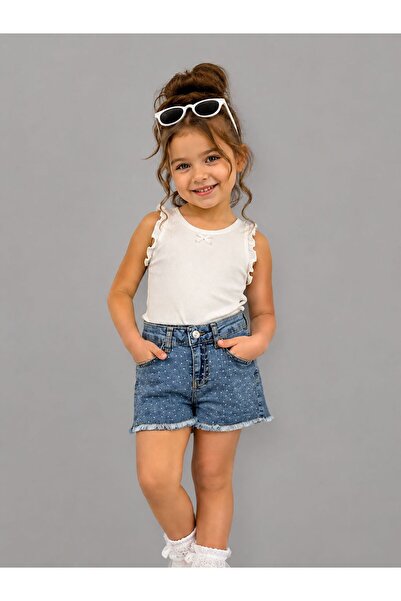 Esprix Kids Kız Çocuk Taş Detaylı Kot Şort Püskül Paça Yüksek Bel Yazlık Jean...