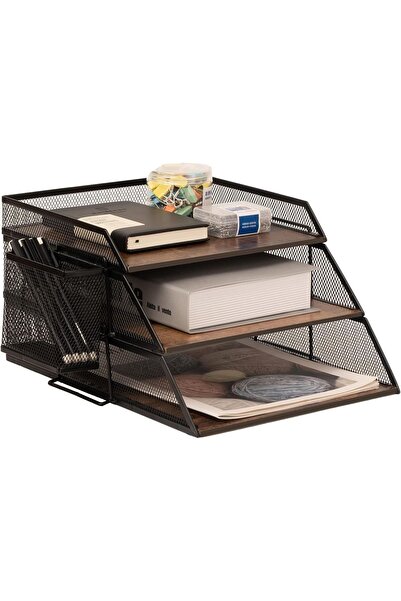 Dotail Marbrasse 3-tier metal and wood office document organizer, 33 x 25 x 3...