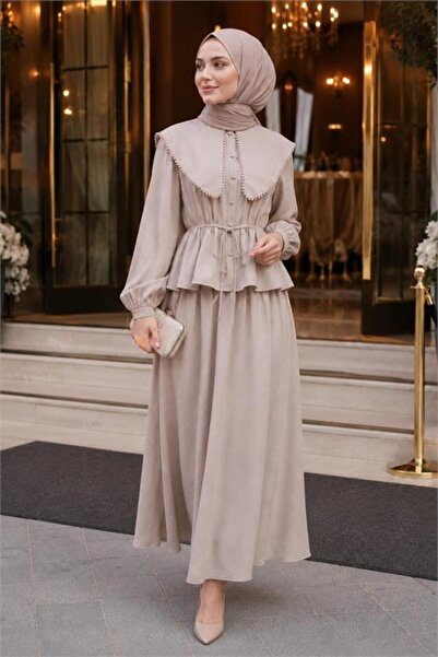 Neşeli Butik Women's Beige Cotton Linen Collar Detailed Belted Summer Double ...