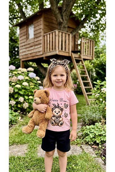 Sinem Çeyiz Bıcır 0057 Girl's Pink Black Leopard Teddy Bear Shorts Set