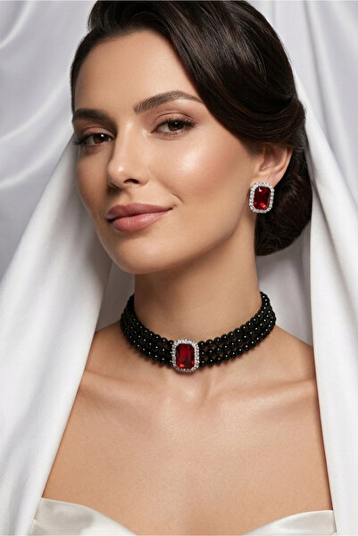 Happyline Baget Bordo Taşlı Siyah İncili Choker Kolye, Siyah Cam İncili Kolye...