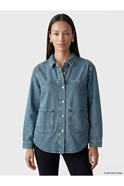 LC Waikiki Lcw Everyday Indigo Shirt Collar Oversize Women's Jean Jacket