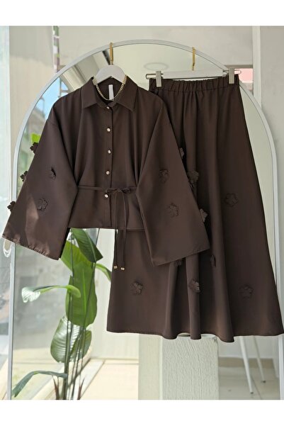 MODA VEDAT Kadın Lazer Kesim Çiçek Aksesuarlı Etekli Takım -0550