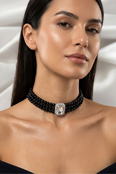 Happyline Baget Gümüş Taşlı Siyah İncili Choker Kolye, Siyah Cam İncili Kolye...