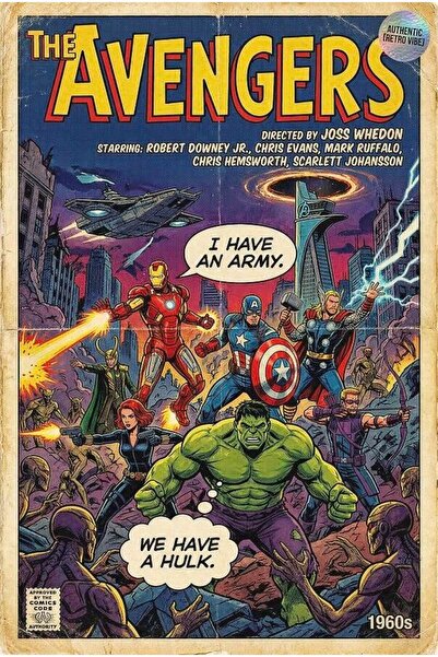 ESLEM Marvel Avengers Yenilmezler Retro Poster Kalın Kuşe Kağıt Çizgi Roman T...