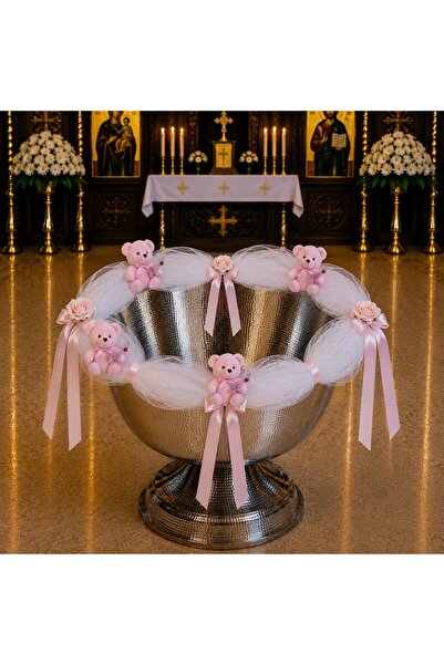 Botez Decor cristelnita din tulle alb, flori din sapun ivory, panglica roz si...
