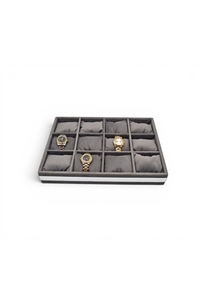 DİJİTAL ÇARŞI MAĞAZACILIK 12-Piece Watch Tray Watch Organizer Gray Gray Padde...