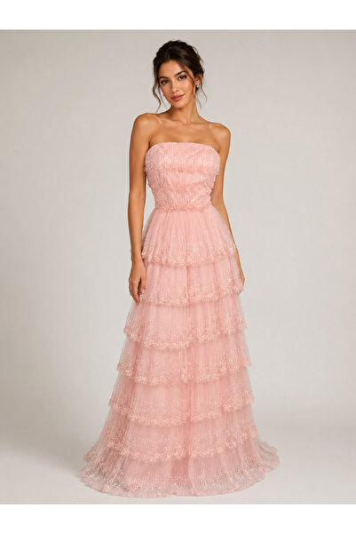 Diva style Layered Beaded Embroidery Tulle Evening Dress