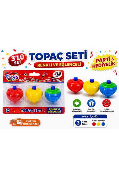 KAR TANESİ Fırlatmalı Topaç 3’lü Set Renkli Oyuncak | Okul Ödülü Karne Hediye...