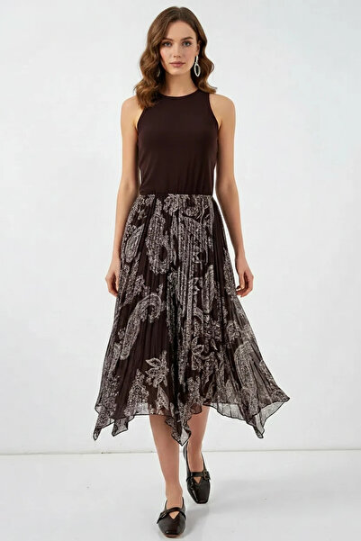 Generic Brand Women's Round Neck Asymmetrical Pleated Patterned Chiffon Brown...