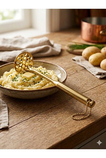 LOVYCO Gold Color Stainless Steel Potato Masher Flat Handle Puree Maker