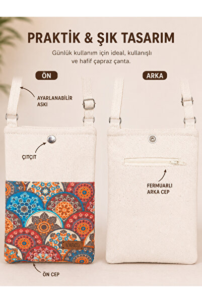 AKSESUARSEPETİ Handmade Phone Bag with Pockets, Ethnic Pattern, Adjustable Strap