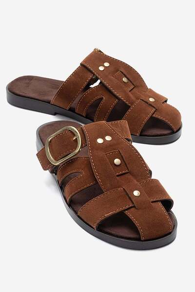 CCWAY AYAKKABI Women's Slippers with Buckle and Closed Front with Pins Taba