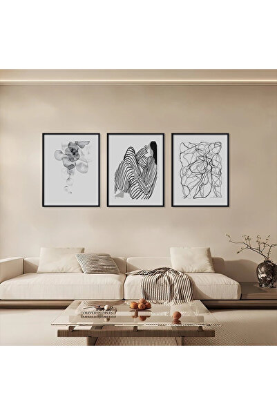 KOLAJTASARIM Set de 3 tablouri din lemn cu artă liniară abstractă monocromă, ...