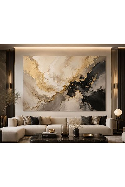 walliva Lüxora Gold Harmony Soyut Kanvas Tablo – Bej, Siyah ve Altın Dokulu M...