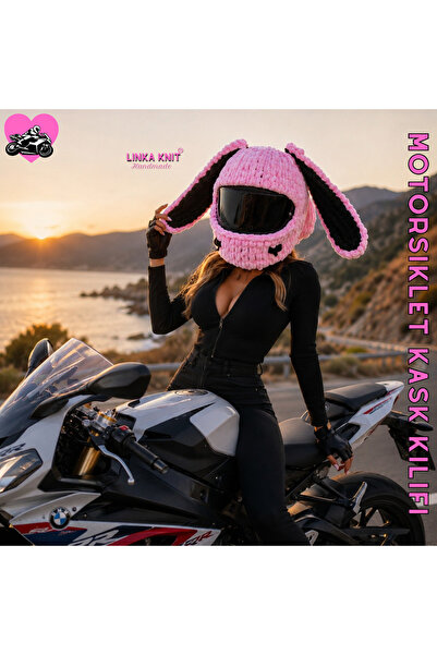 Linka Knit Tavşan Kulaklı Kalpli Motorsiklet Kask Kılıfı,Eğlenceli Kask Koruy...