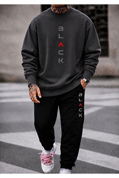 FAEL LİFE Unisex Wide Cut Zero Neck and Sweatpants Set with Black Print