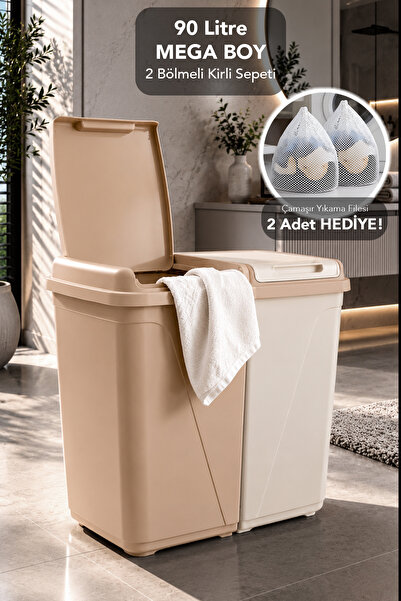 Meleni Home Mega Boy Kirli Sepeti - 90 Lt Çift Bölmeli Kapaklı Banyo Çamaşır ...