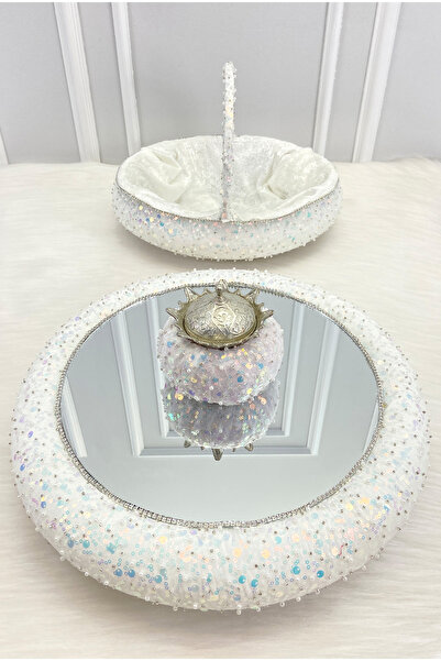 ZEYMERADE White Shiny Stone Henna Night Tray Basket Bridal Set, Sequin Mirror...