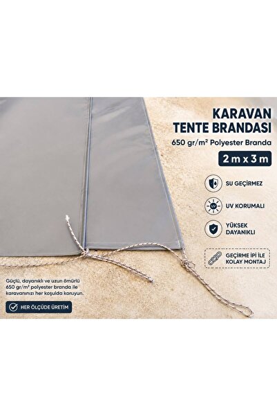 Branda Noktası Gri Renkli Karavan Tente Brandası 650 Gr Polyester 2x3 Metre S...